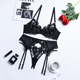 Women Clothing Summer Lace Mesh Embroidered Sexy Underwear Push up Sling Three-Piece Set